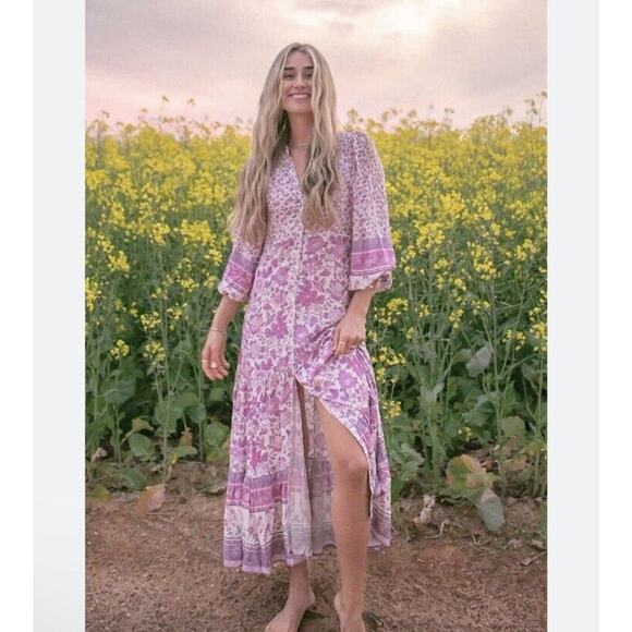 Spell Sz S Mossy Button Through Floral Gown Duster Maxi Dress Lilac - Picture 1 of 13